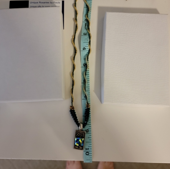 18" Beaded Gold and Green necklace with 1" silver Pendant with rainbow stone - Picture 2 of 11